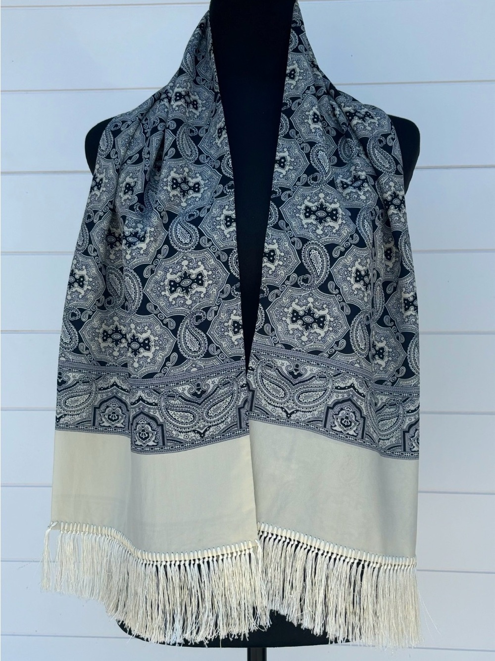 Vintage DKNY Scarf Navy And Ivory , Fringed Edges, 100% Silk, 55”x10.75”